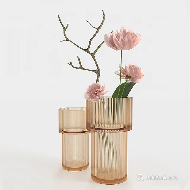 Light Brown Ribbed Vases With Pink Flowers And Branches Decorative Arrangement 3d model 
