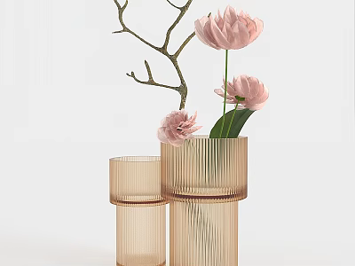Light Brown Ribbed Vases With Pink Flowers And Branches Decorative Arrangement 3d model