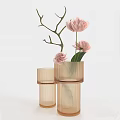 Light Brown Ribbed Vases With Pink Flowers And Branches Decorative Arrangement