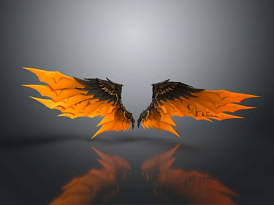 Decorative Orange And Black Wings With Reflective Surface Displayed On Gray Background 3d model