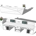 Modern White Geometric Reception Desk With Computer Monitors Pink Flowers And Storage Cabinets