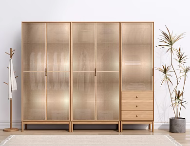 Nordic Wardrobe Solid Wood Wardrobe Rattan Wardrobe Locker 3d model