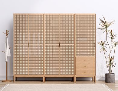 Nordic Wardrobe Solid Wood Wardrobe Rattan Wardrobe Locker 3d model