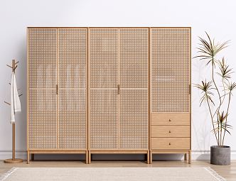 Nordic Wardrobe Solid Wood Wardrobe Rattan Wardrobe Locker 3d model