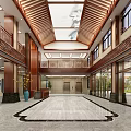 Traditional Chinese Style Lobby With Wooden Ceiling Glass Doors And Marble Floor