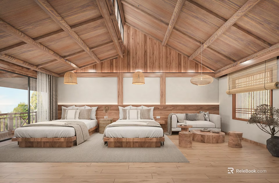Rustic Hotel Room With Wooden Ceiling Twin Beds Sofa And Pendant Lights 3d model 