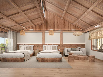 Rustic Hotel Room With Wooden Ceiling Twin Beds Sofa And Pendant Lights 3d model