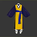 Man wearing traditional Korean hanbok with yellow blue design blue sash and white inner layer