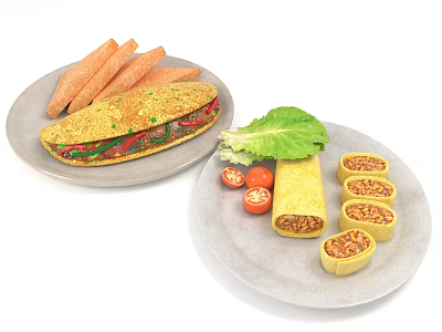 Delicious Sandwich with Fried Sticks and Rolled Wraps Served with Fresh Lettuce Cherry Tomatoes 3d model