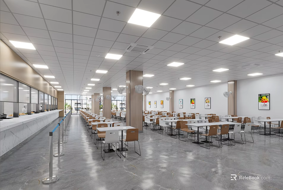 Spacious Cafeteria Interior With Tables Chairs White Ceiling Lighting And Wall Decorations 3d model 