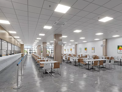 Spacious Cafeteria Interior With Tables Chairs White Ceiling Lighting And Wall Decorations 3d model