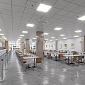 Spacious Cafeteria Interior With Tables Chairs White Ceiling Lighting And Wall Decorations 3d model