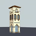 Traditional Tower Architecture With Brown Roof Beige Body Arched Windows And Circular Decorations