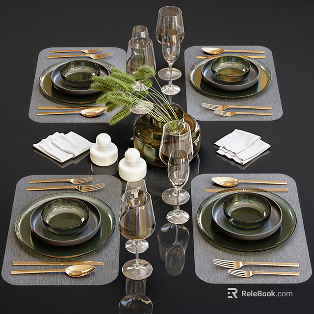 Elegant Tableware Set With Green Plates Golden Cutlery Wine Glasses Vase With Greenery And Napkins 3d model 