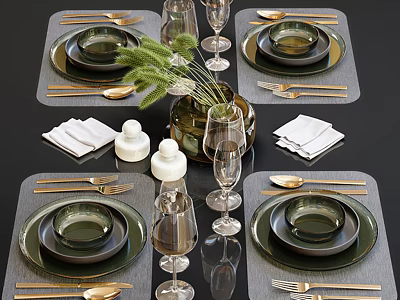 Elegant Tableware Set With Green Plates Golden Cutlery Wine Glasses Vase With Greenery And Napkins 3d model
