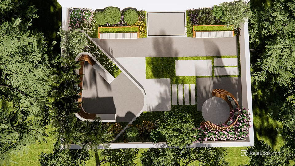 Modern Roof Garden Design With Green Plants Pathways And Seating Area 3d model 