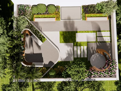Modern Roof Garden Design With Green Plants Pathways And Seating Area 3d model