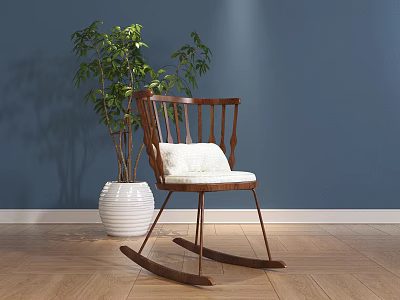 Comfortable Wooden Rocking Chair With White Cushion By Blue Wall Wooden Floor And Green Plant 3d model