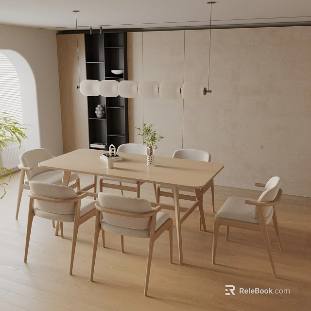 Modern Dining Table Set With Light Wood Chairs Pendant Lights Indoor Plant And Minimalist Interior 3d model 