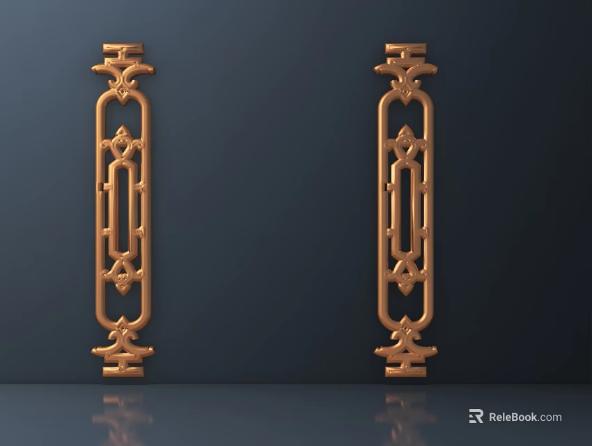 Golden Symmetrical Decorative Hardware Pieces With Intricate Patterns On Dark Background 3d model 