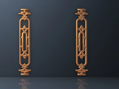 Golden Symmetrical Decorative Hardware Pieces With Intricate Patterns On Dark Background 3d model