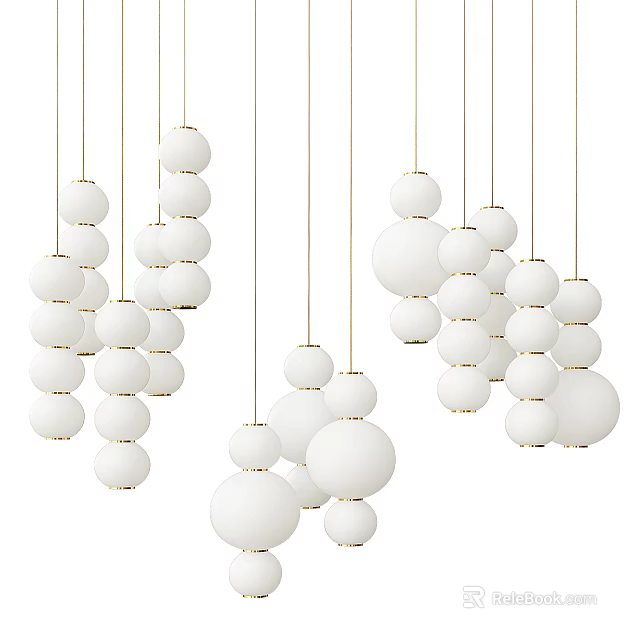 Multiple White Spherical Chandeliers With Golden Hanging Chains For Interior Decor Design 3d model