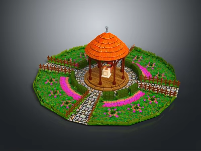Decorative Garden With Orange Roof Gazebo Green Lawn Pink Flowers Stone Path And Wooden Fence 3d model