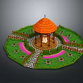 Decorative Garden With Orange Roof Gazebo Green Lawn Pink Flowers Stone Path And Wooden Fence