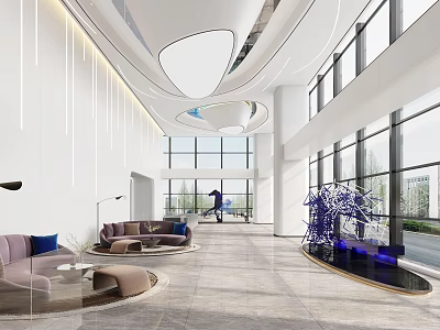 Modern Reception Area With Large Windows Unique Ceiling Comfortable Sofas And Decorative Plants 3d model
