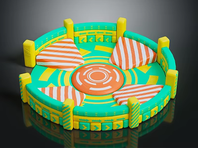 Kids Round Inflatable Play Equipment With Green Yellow Design Orange Center And Striped Seats 3d model