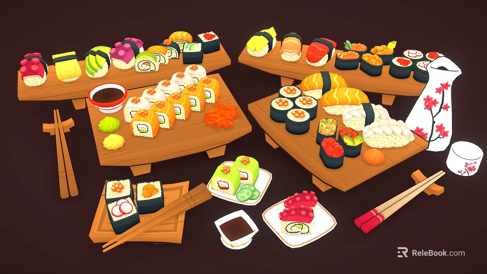 Fresh Salmon Sushi Platter With Various Types On Wooden Trays And Ingredients 3d model 