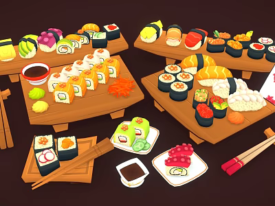 Fresh Salmon Sushi Platter With Various Types On Wooden Trays And Ingredients 3d model