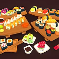 Fresh Salmon Sushi Platter With Various Types On Wooden Trays And Ingredients
