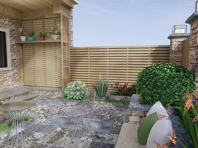 Courtyard Garden With Wooden Fence Stone Wall Patio Green Shrubs Purple Flowers And Outdoor Furniture 3d model