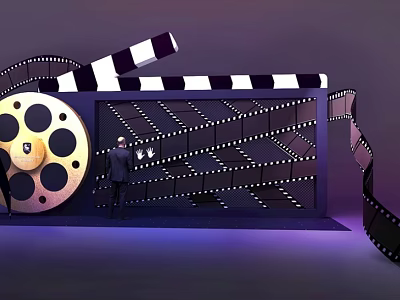 Liquor Store Featuring Film Reel Clapperboard And Movie Themed Lighting Decor 3d model