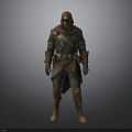 A Male Adventurer In Hooded Leather Armor With Brown Cloak Belt And Gloves
