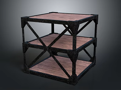 Industrial Three Tier Storage Shelf With Black Metal Frame And Wooden Shelves 3d model