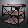 Industrial Three Tier Storage Shelf With Black Metal Frame And Wooden Shelves
