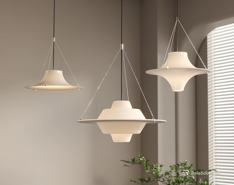 Three Modern Pendant Chandeliers With White Shades In Neutral Interior With Window And Green Plant 3d model 