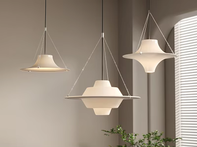Three Modern Pendant Chandeliers With White Shades In Neutral Interior With Window And Green Plant 3d model