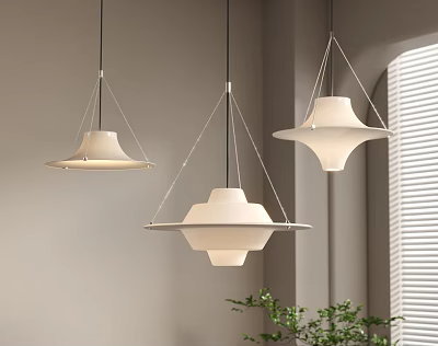Three Modern Pendant Chandeliers With White Shades In Neutral Interior With Window And Green Plant 3d model