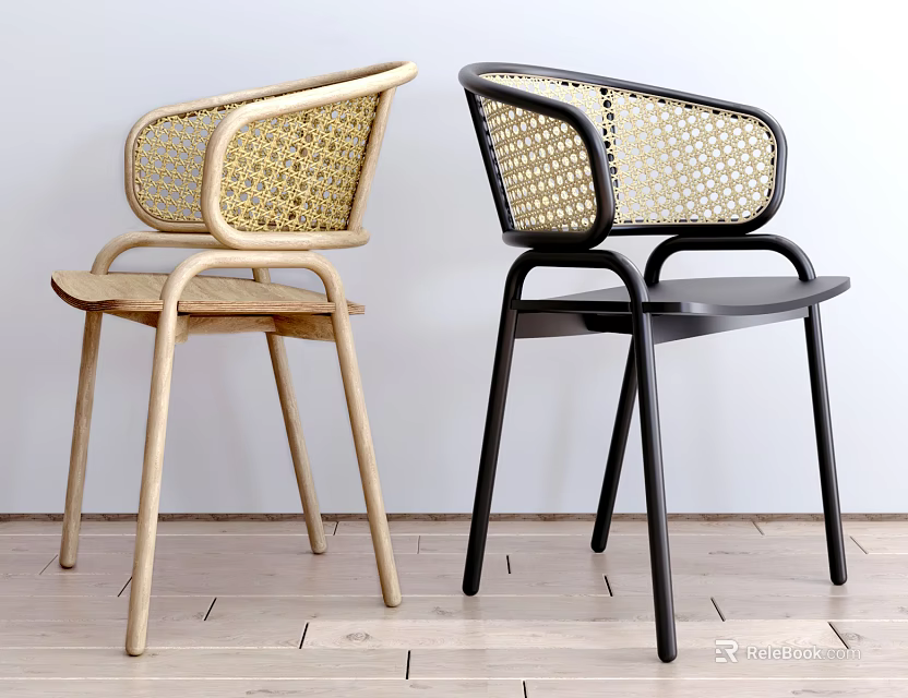 Modern Leisure Chairs With Woven Backrest Armrest Light Wood And Black Frame 3d model 