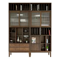 Wooden Bookshelf With Glass Doors Multiple Shelves Drawers And Decorative Items