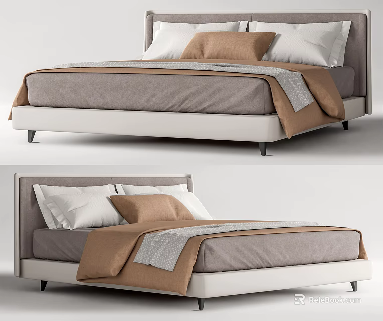 Modern Double Bed With Gray Bedding Brown Blanket White Headboard And Pillows 3d model