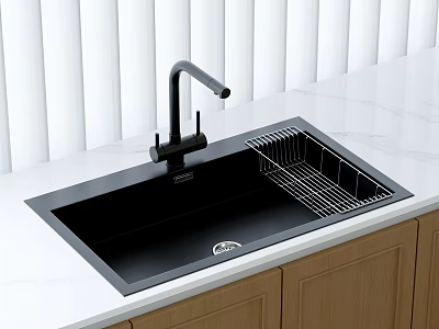 Modern Black Kitchen Sink With Faucet Dish Rack And Wooden Cabinets 3d model