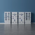 Four White Storage Cabinets With Glass Doors And Blue Accents Against Blue Wall