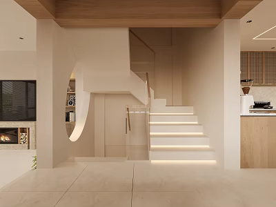 Modern Open Concept Living Dining Room With Wooden Ceiling Staircase And Recessed Lighting 3d model