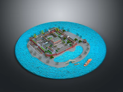 Turtle Shaped Island With Traditional Buildings And Surrounding Blue Water 3d model