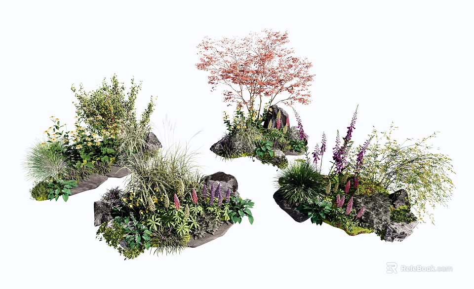 Natural Garden Flower Clusters With Red Trees Purple Blooms And Green Foliage 3d model 