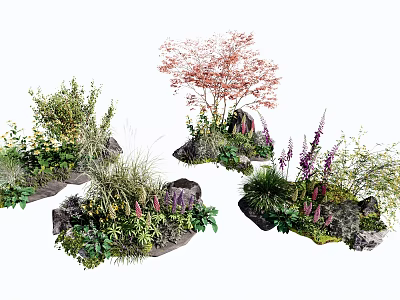 Natural Garden Flower Clusters With Red Trees Purple Blooms And Green Foliage 3d model